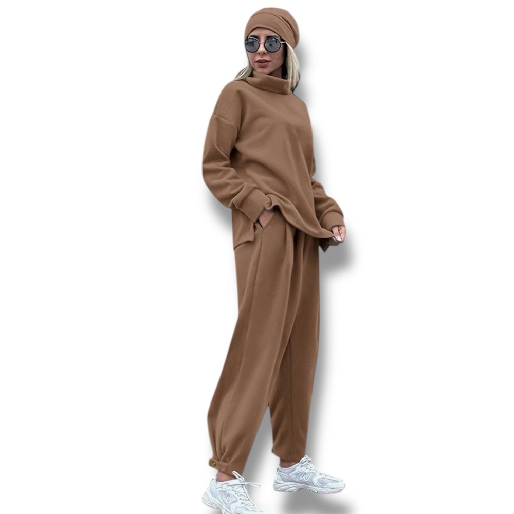 Two Piece Tracksuit Loose Fit Turtleneck Casual Pant Brown Size Large